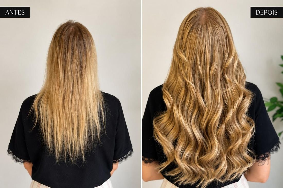 Antes e depois de uma aplicação de mega hair