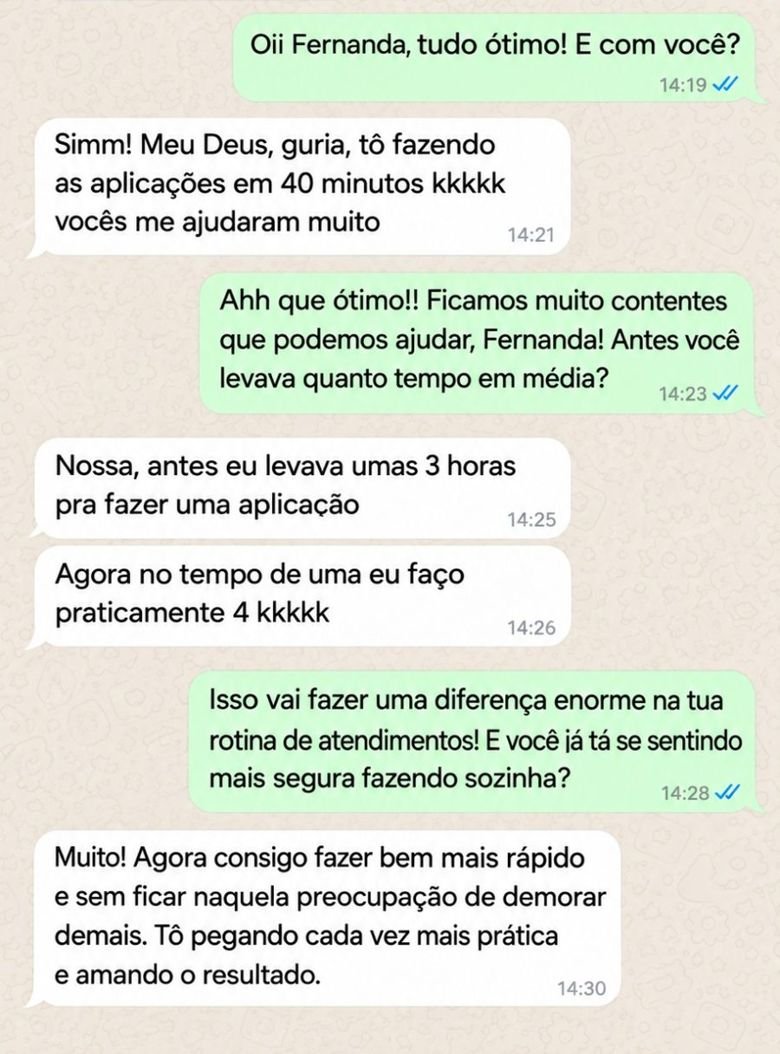 Conversa de aluna dizendo que faz as aplicações em 40 minutos