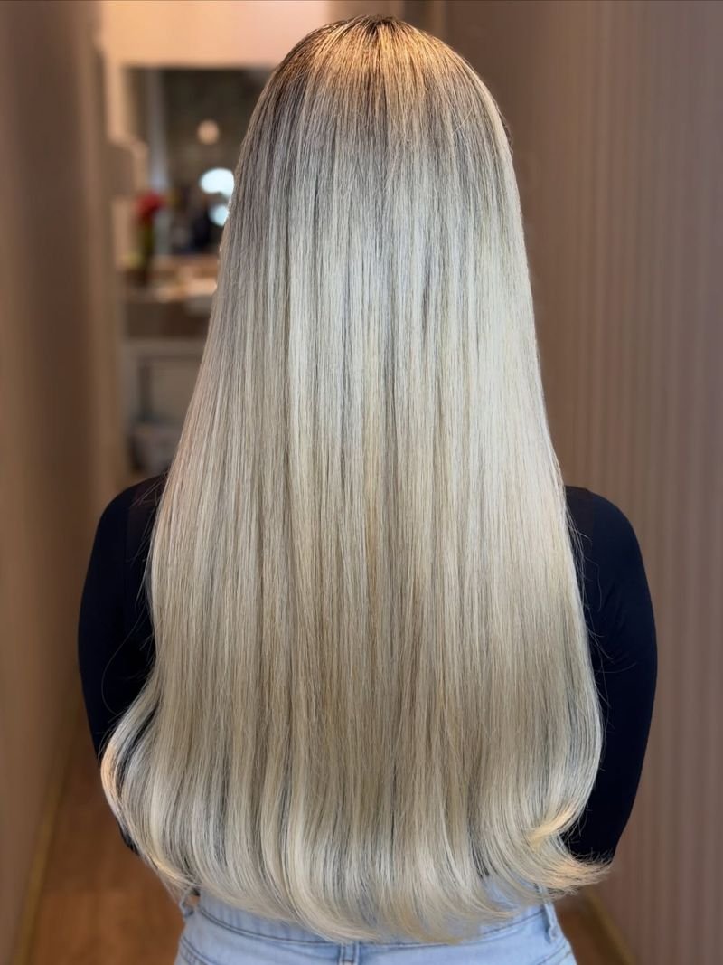 Resultado final em loiro, cabelo longo e liso